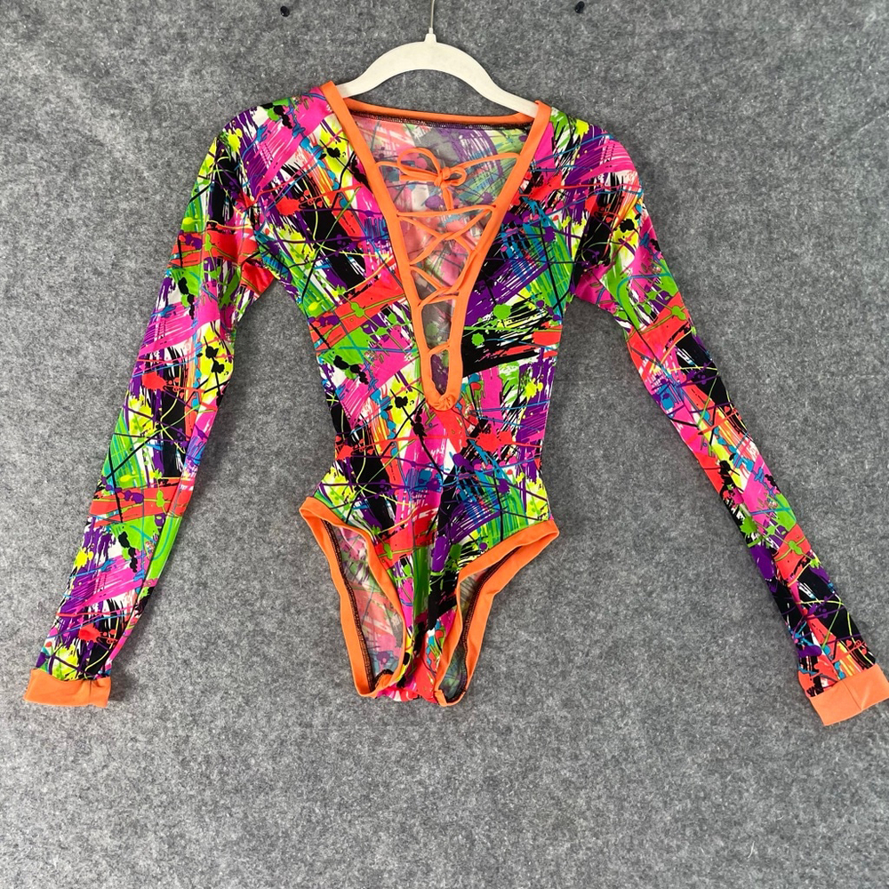 Unbranded Neon Splatter Bodysuit Womens S 80s Rave Festival Lace Up Plunge - Picture 2 of 7